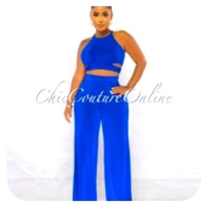 (127)-  NWOT-😻 Ramona Royal Blue Multi-Way
Tie Crop Top & Wide Pants Set💋